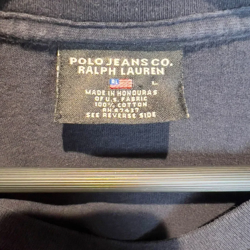Vintage Polo Jeans Ralph Lauren Distressed American Flag T-Shirt Blue Sz L *Read